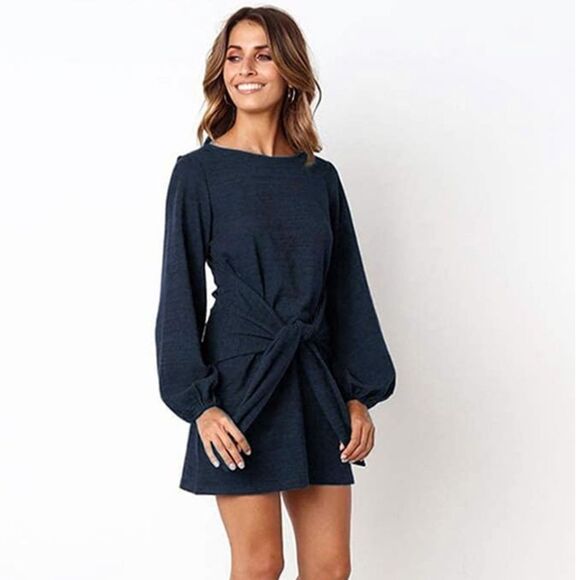 Prettygarden Navy Blue Balloon Sleeve Tie Front Mini Dress, M - Picture 5 of 9